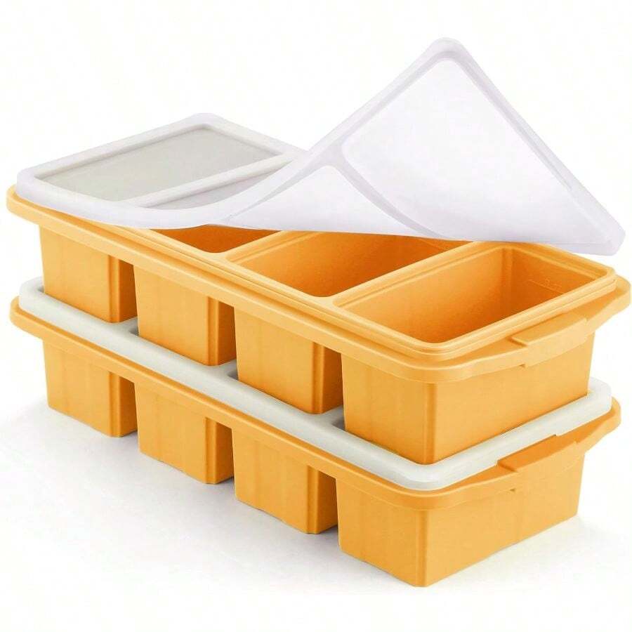 Silicone Freezer Tray With Lid - Silicone Freezer Food Molds - Large Cube Tray, Silicone Freezer Container, Freeze Store Soup, Sauce, Broth, Leftovers - Makes 4 1 Cup - Bộ 2 chiếc - Màu cam - Xem 1