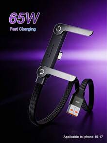 65W(Máx) Cable de datos plegable de carga rápida. Material trenzado de nailon, compatible con carga rápida, diseño de soporte plegable para teléfono/tableta, interfaz USB-A a Tipo-C. Adecuado para iPhone 17/16 Pro/16 Pro Max/16/15 Pro/15 Pro Max - Perfecto para uso en el hogar, la oficina y los viajes. - Negro - Ver 1