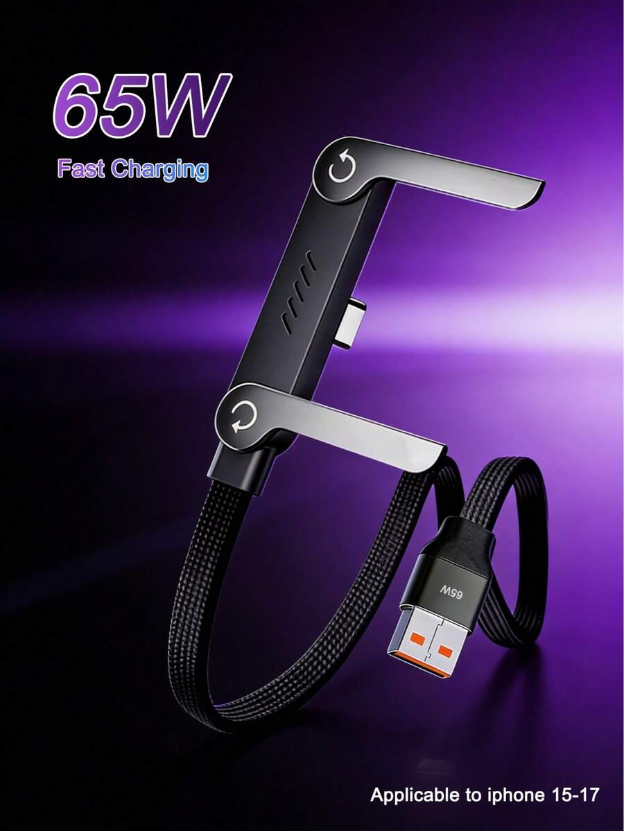 65W(Máx) Cable de datos plegable de carga rápida. Material trenzado de nailon, compatible con carga rápida, diseño de soporte plegable para teléfono/tableta, interfaz USB-A a Tipo-C. Adecuado para iPhone 17/16 Pro/16 Pro Max/16/15 Pro/15 Pro Max - Perfecto para uso en el hogar, la oficina y los viajes. - Negro - Ver 1