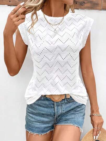 Hollow Wave Pattern Jacquard Sleeveless Vest With Round Neck, Loose Textured Pure Cotton White T-Shirt For Women, Summer Casual Daily Commuter Versatile