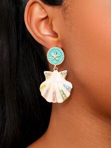 1 Pair Unique Fresh Ocean Life Series Metal Rhinestone Shell Dangle Earrings For Women - Multicolor - View 1