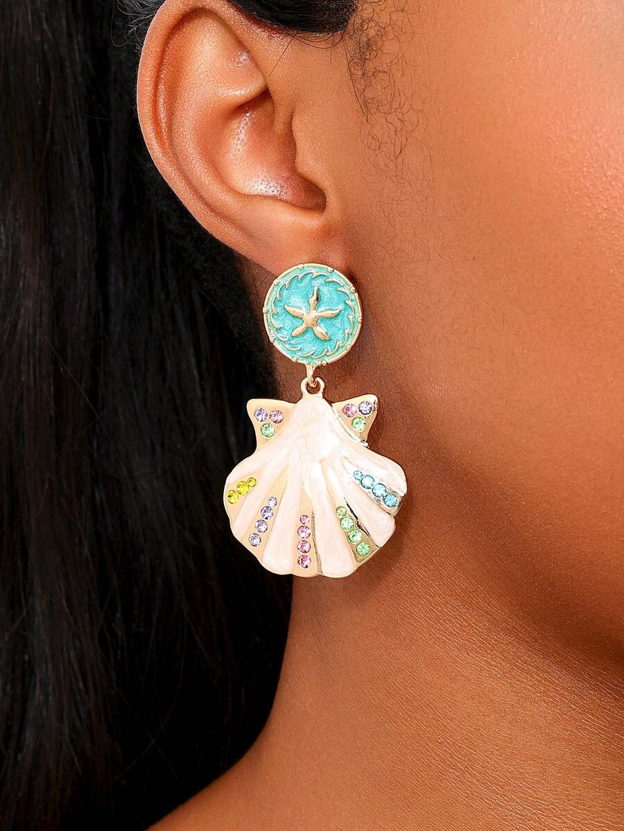 1 Pair Unique Fresh Ocean Life Series Metal Rhinestone Shell Dangle Earrings For Women - Multicolor - View 1