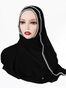 Elegant Fashion Faux Pearl Chain Headscarf, Modest Chiffon Decorative Scarf Hijab Shawl,Beach,Holiday - Black - View 5