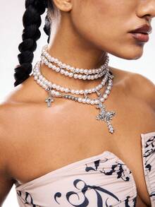 Five-Layer High-End Design Faux Pearl Silver Cross Stacking Necklace, Unisex Jewelry - White - View 1