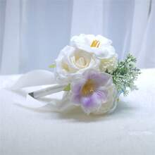 Fake Bridal Bouquet Artificial Flower With Ribbon Bow For Bridesmaid Ceremony Wedding Party Home Table Decoration - Purple - View 2