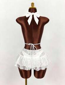 白色性感优雅镂空深V领蕾丝比基尼三件套，搭配甜美可爱的双层荷叶边迷你裙，适合春夏海滩度假、泳池派对等场合穿着。 - 白色 - 查看 2