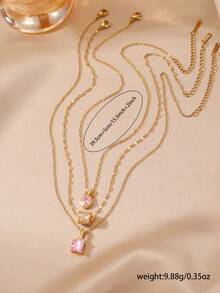 3pcs Minimalist Fashion Pink Zirconia Bead Square Pendant Necklace, Valentine's Day Gift, Suitable For Daily Wear And Gift Giving - Lucky Bead - View 7