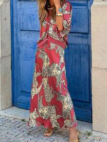 2pcs Women's Elegant Fashion Set, Including 1 Vintage Leopard Print Top And 1 Skirt, Casual Bohemian Style Outfit Spring - Red - View 8