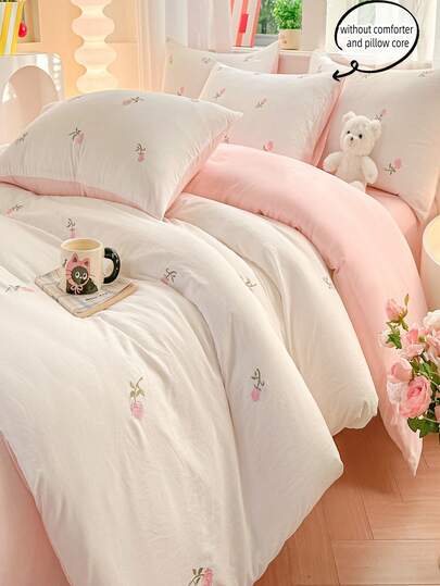 Pink Rose Embroidered Colorful Duvet Cover Set, White Bedding 3 Pieces Set Including 1 Duvet Cover And 2 Pillow Shams, Ultra Soft And Breathable Fashionable Duvet Cover