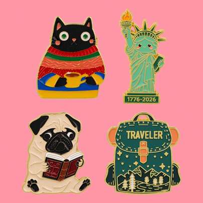 Pines de solapa con diseños de gato negro, perro pug y Estatua de la Libertad, accesorios de moda, joyas y regalos