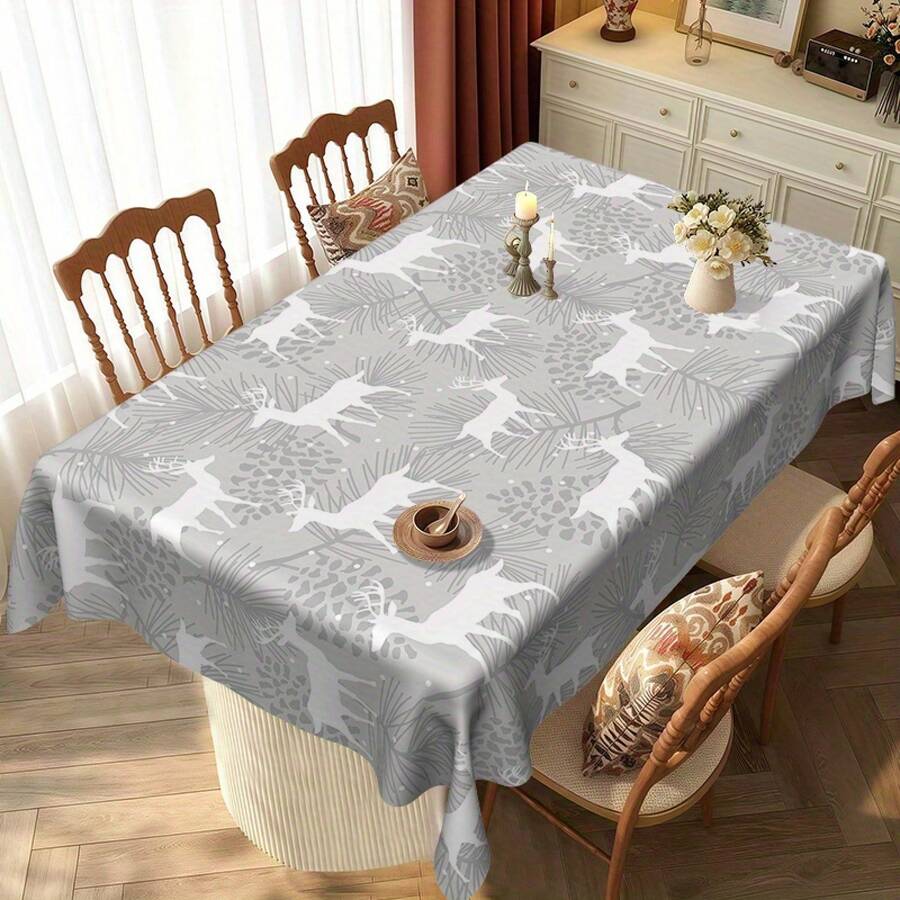 1pc Minimalist Winter Reindeer Tablecloth - Seasonal Atmosphere Decor, Gray Christmas Theme With Pine Branch And Cone Pattern, Simple Winter Elements To Brighten Dining Spaces, Perfect For Festive Gatherings, Parties, Or Camping - Nhiều màu - Xem 1