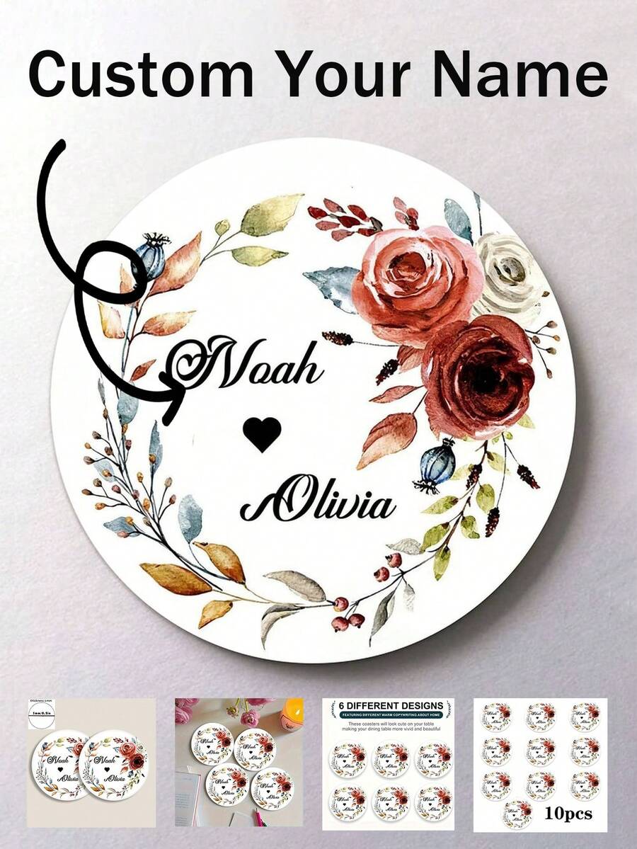 1/2/4/6/10 Pc  Personalized Custom Names: Handmade Round Wooden Coasters, Wedding Coasters | Custom Name Wreath Design, Ideal For Weddings, Table Decorations, Wedding Favors, Gifts, And Valentine's Day Decorations - Beige - View 1