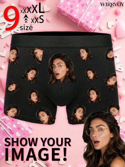 1pc Customized Men's Briefs, Heart Face & Hand Print Men's Underwear, Personalized Photo Men's Boxer Shorts, Sweet Romantic Long Men's Underwear, Gift For Beloved, Anniversary Gift, Wedding Gift, Couple Gift, Best Friend Gift, Boyfriend/Husband Gift