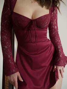 Look Polly 女士秋冬性感连衣裙、约会之夜连衣裙、女士婚纱、露肩嘉年华连衣裙、蕾丝婚纱 - 酒紅色 - 查看 7