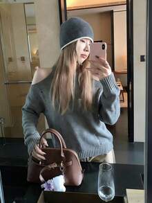 Women's Autumn/Winter Hollow Out Shoulder Cutout Knit Sweater, Sweet & Cute, Loose Fit, Flattering, Lightweight Pullover - Grey - View 7