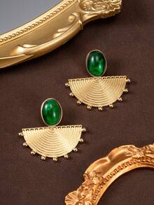 1 Đôi bông tai thời trang cổ điển cao cấp, thanh lịch, hình quạt hình học phóng đại, đính nhựa màu xanh lá cây, thiết kế cá nhân hóa. - màu xanh lá - Xem 4