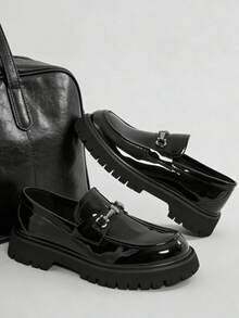 Men's Patent Leather Platform Loafers Comfort Non-Slip Lug Sole Slip-On Dress Shoes With Metal Horsebit Detail For Business Office & Casual - 黑色 - 查看 1