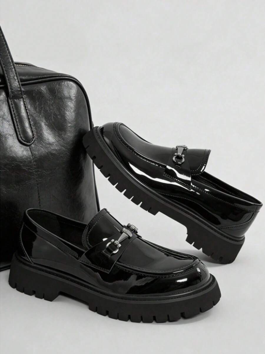 Men's Patent Leather Platform Loafers Comfort Non-Slip Lug Sole Slip-On Dress Shoes With Metal Horsebit Detail For Business Office & Casual - 黑色 - 查看 1