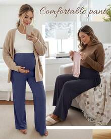 ¡RecomendadoNeer - Paquete de 3 pantalones de maternidad para mujer sobre el vientre, holgados para embarazo, pantalones elásticos de pierna ancha con bolsillos¡Top de Temporada - Gris claro, gris oscuro, negro - Ver 5
