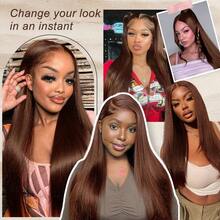 32 Inch Straight Lace Front Wig, Upgraded 13x4 High Definition Transparent Lace Front Wig For Women, Brazilian Virgin Hair Lace Front Wig, No Glue, Wearable, 200% Density #4 Brown Pre-Trimmed With Baby Hair Mixed Texture Wig - Brown - View 8
