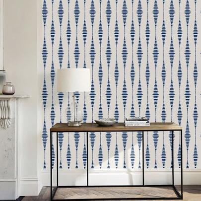 1 Roll Modern Geometric Self-Adhesive Wallpaper, Vertical Striped Bamboo Texture Wallpaper, Peel And Stick PET Decorative Wall Sticker, 17.32 X 118.11 Inch Removable Contact Paper, Simple Artistic Home Decor And Accessories, Off-White Indigo Blue Room Decorative Sticker, For Living Room, Kitchen, Bedroom, Bathroom, Dining Room, Office, School, Tabletop, Wardrobe Decoration