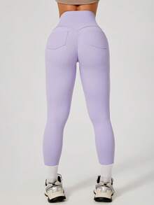 NcmRyu 1pc Women High Waist Solid Color Elastic Ruched Design Back Pocket Sports Pants Spring - Mauve Purple - View 7