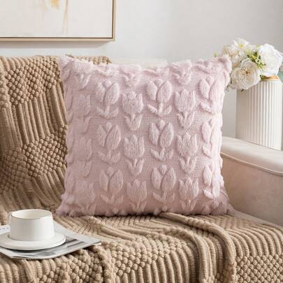 1件绗缝刺绣花卉图案毛绒抱枕套，波西米亚风格方形靠垫套，适用于家居装饰、客厅、卧室、沙发，四季皆宜