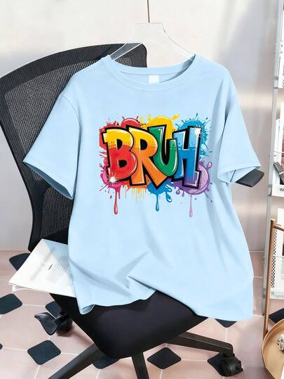 Teenage Boys' BRUH Print Round Neck T-Shirt, Casual Soft Top For Summer