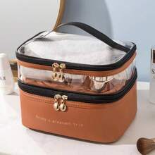BAGCO Bolsa de cosméticos de doble capa, bolsa de cosméticos de viaje, bolsa de cosméticos impermeable de gran capacidad, caja de almacenamiento superior transparente, accesorio de viaje para mujer. - Caqui - Ver 9