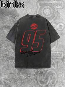 Disney Binks (Double-Sided Printing): Cars: Lightning McQueen Elements Cartoon Print Retro Distressed Washed Short Sleeved T-Shirt, High Street  Brand Loose Short Sleeved T-Shirt. Spring And Summer Fashionable Versatile Top, Holiday Gift, Vintage Print. - màu đen - Xem 3