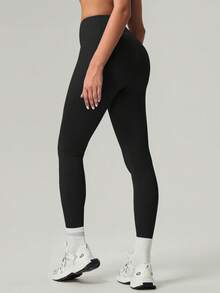Women's Solid Color Front Seam Back Deep V Buttock Line Running Outdoor Exercise Yoga Legging Pants - Black - View 6