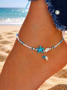 1条波西米亚风海星仿珍珠串珠脚链，适合海滩、派对、度假、送礼。 - 藍色 - 查看 2