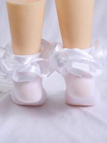 1 Pair Girls' Solid Color Cotton Double-Layer Bow Ruffle Socks, Princess Style Short Socks, Breathable For Spring/Summer - White - View 4