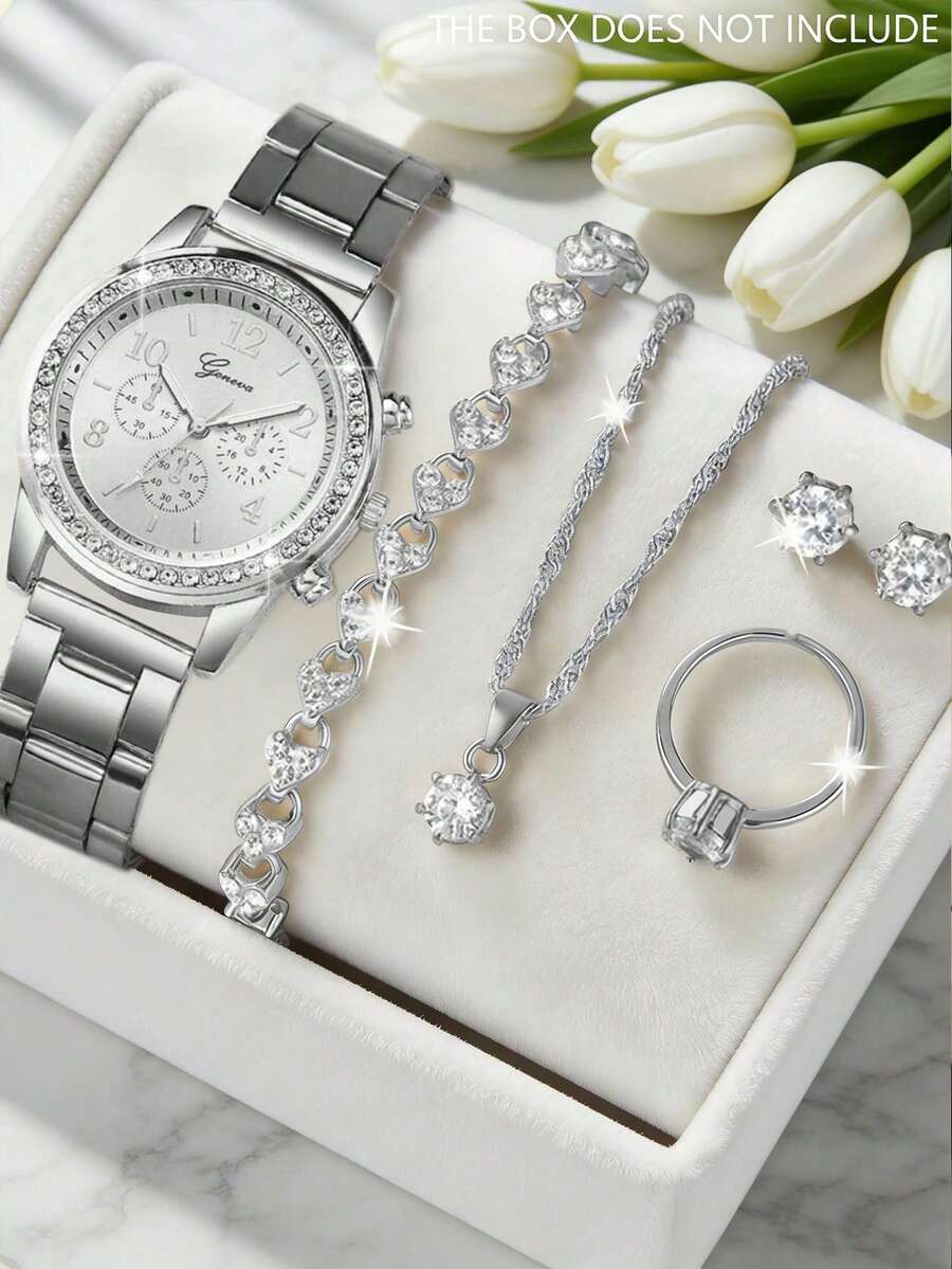 6pcs Luxury Women's Quartz Watch Set, Including Silver Dial Diamond Quartz Chronograph Watch, Diamond Bracelet, Single Stone Pendant Necklace, Diamond Earrings, Single Stone Ring. The Entire Set Is In A Shimmering Silver Tone, With Diamond Elements Adding A Luxurious Touch. - Silver - View 1