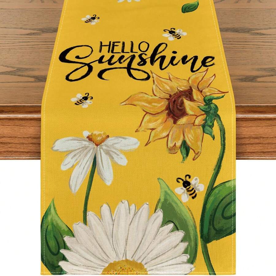1pc Yellow Sunflower, Daisy & Bee Summer Table Runner, Suitable For Spring Kitchen, Dining Table, Home Party Decor, Size: 33x183cm - Yellow - View 1