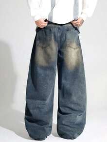 1pc Casual Loose Fit Straight Leg Jeans, Unisex Couple Style - Dusty Blue - View 8