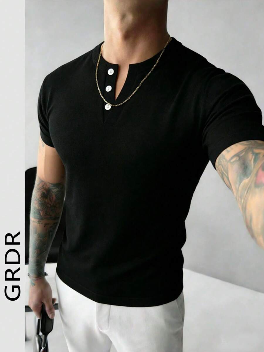 GRDR 1件男士V领休闲短袖T恤，商务风格，夏季新品 - 黑色 - 查看 1