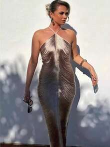 Fashion Tassel Back Slit Neck Dress - Silver - View 1