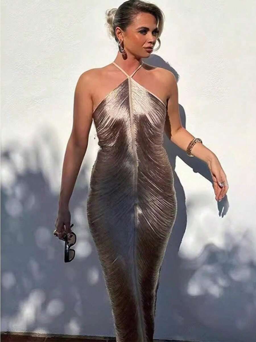 Fashion Tassel Back Slit Neck Dress - Silver - View 1