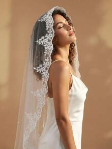 1 pieza Velo de novia con ribete de encaje, velo corto sin peine para cubrir el rostro, velo de boda - Multicolor - Ver 7