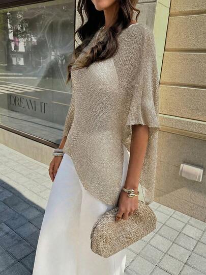 FOR BEAUTY Summer New Women's Ribbed Knit Shawl, Asymmetric Hem Shimmery Lightweight Breathable Fabric, Loose Fit Suitable For Various Figures, Beach Casual Top, Bohemian Style Summer Outfit