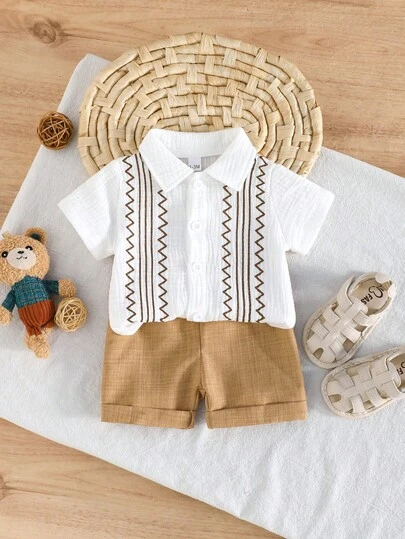2pcs Newborn Baby Boy Summer Outfit, Cotton Short Sleeve Shirt And Casual Shorts Set, Daily Wear