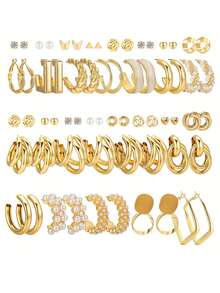 Set aleatorio de 12 piezas/24 piezas/48 piezas de pendientes de aro y pendientes de perlas falsas con diseño geométrico irregular y simple de metal, adecuado para mujeres, parejas, vacaciones, citas, uso diario, fiestas, bodas, regalo del Día de San Valentín para novia, mamá - Amarillo Oro - Ver 4