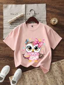 Tween Girls' Casual Graphic Print Crew Neck Short Sleeve T-Shirt, Summer Top - Pink - View 6