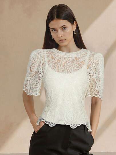Women's Elegant Sheer Water-Soluble Lace Petal Sleeve Fitted Blouse, Summer