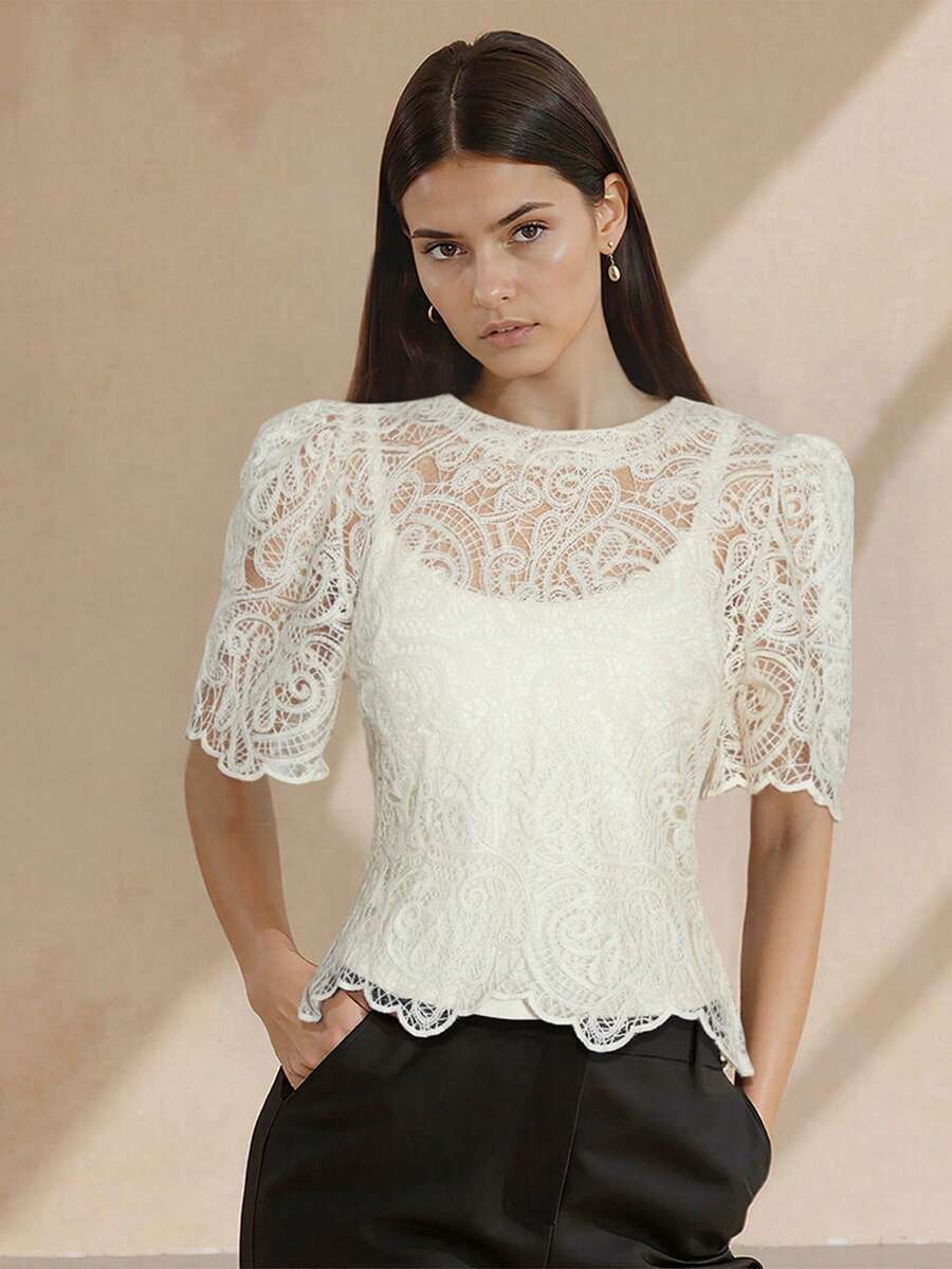 Women's Elegant Sheer Water-Soluble Lace Petal Sleeve Fitted Blouse, Summer - Beige - View 1