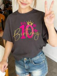 少女款“我的十岁生日”卡通印花上衣，适合活动、日常穿着、派对，是送给少女的生日礼物，也是生日庆祝的理想之选，是时尚少女的夏季上衣。 - 深灰色 - 查看 4