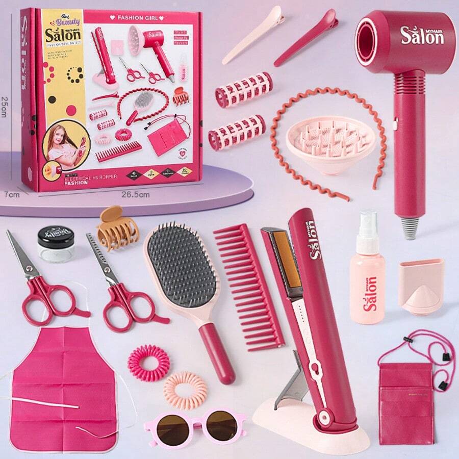 22件套儿童美发玩具套装，过家家玩具，美容院化妆玩具，女孩生日理想礼物 - 彩色 - 查看 1