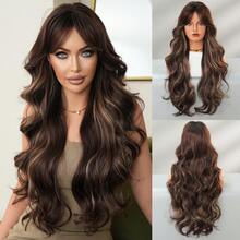 7JHH WIGS Highlights Brown Extra Long Wave Wigs For Women 28 Inch Extra Long Wavy Wig With Curtain Bangs, Heat Resistant Fiber Hair Synthetic Curly Wig For Daily & Music Festival Party Wear, Halloween Cosplay Costume Use Fashion Wig Accessories - 挑染棕色 - 查看 12