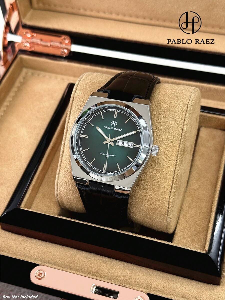 Pablo Raez 1pc Original Men's Watch Charming Stainless Steel Man Wristwatch Fashion Business Calendar & Week Display Luxury Famous Brand New AAA Quality Functional Watches Black Leather Bracelet - 銀色 - 查看 1